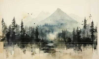 Foto auf Acrylglas Wald im Nebel Creative painted landscape in black and white.