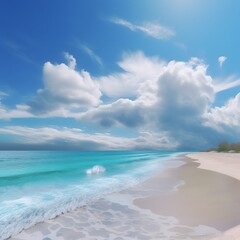 Fototapeta na wymiar Empty tropical beach and seascape. Soft sand, calmness, tranquil relaxing sunlight, summer mood.