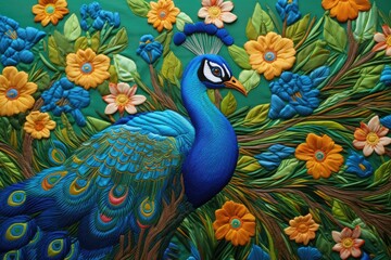 Obraz premium Fabric stumpwork embroidery of peacock.