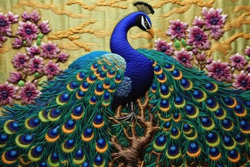Fabric stumpwork embroidery of peacock.