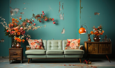 Living room design in retro, vintage style.