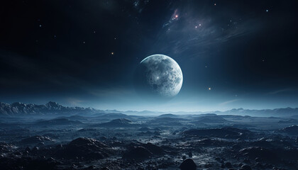 The mysterious Moon's surface, with Earth in the background, is illuminated by soft directional light. Space background.