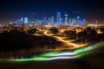 Nighttime view of Fort Worth skyline by Trinity Trail in Texas. Generative AI - obrazy, fototapety, plakaty