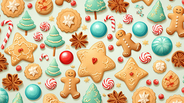 Background with many colorful Christmas cookies