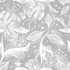 Pattern with thin curl lines and stylized leaves hand drawing. Not AI, Illustrat3. Monochrome abstract floral linear texture. Seamless vector design. Modern pattern for swatches, fabric.