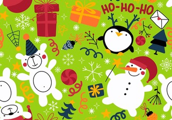 Christmas tree cartoon seamless snowman and snowflakes pattern for wrapping paper and fabrics and linens