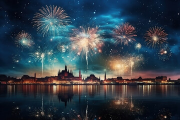 pyrotechnics and fireworks in city background with city sky