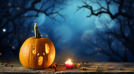 halloween pumpkin head jack lantern with burning candles, Spooky Forest with a full moon and wooden...