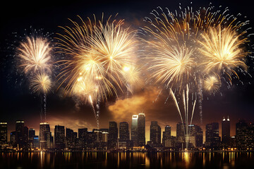 Fototapeta premium pyrotechnics and fireworks in city background with city sky