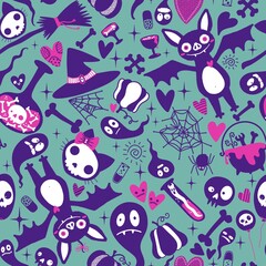 Halloween cartoon doodle seamless bat and cat and ghost and skulls pattern for wrapping paper and fabrics