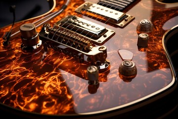 Highly intricate close-up of an electrifying guitar. Generative AI