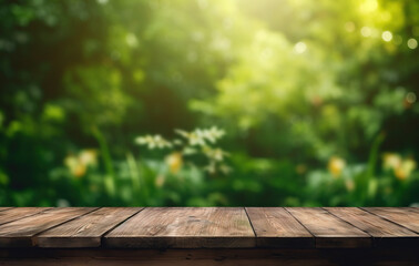 wooden floor in the garden with green nature background