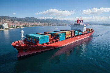 Red cargo ship with containers