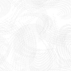 Seamless pattern of dotted intermittent contours of rings, circles, rims that twist, intersect, and swirl. Black thin outlines on a transparent background. Vector.
