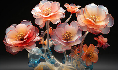 Bouquet of decorative pink flowers made of glass.