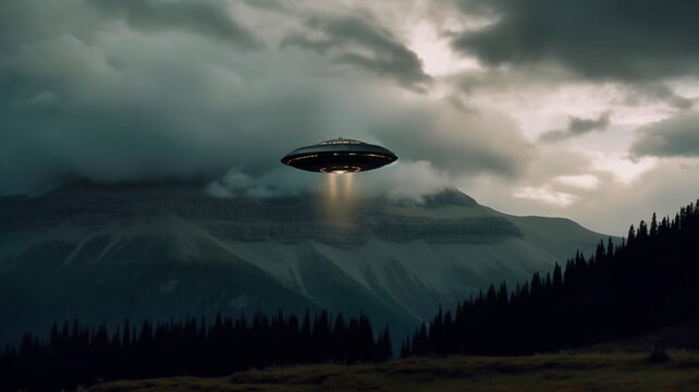 A large UFO flies over the rocky mountains