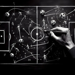 a person drawing a soccer play on a blackboard - obrazy, fototapety, plakaty