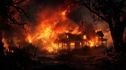 A house is engulfed in flames at night, Generative AI
