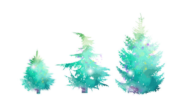 Set of hand drawn watercolor Christmas trees decorated. Hand drawing. Not AI, Illustrat3 . Vector illustration