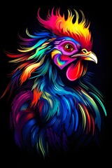 Fototapeta premium Rooster bird in abstract, graphic highlighters lines rainbow ultra-bright neon artistic portrait | Generative AI