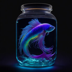 AI Generated Double exposure shot of fish with iridescent glow inside of a jar