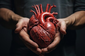 Close-up of a human heart held in male hands, showing intricate details. Realistic depiction of a life-saving organ. Perfect for medical or health-related designs, educational materials, and more