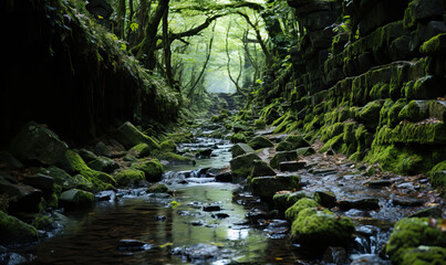 The remains of a lost civilization are overgrown with plants.