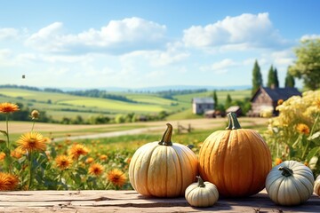 Pumpkins on a wooden table in front of a rural landscape, AI Generated