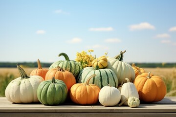 Colorful pumpkins on wooden table in field, Harvest festival concept, Ai Generated