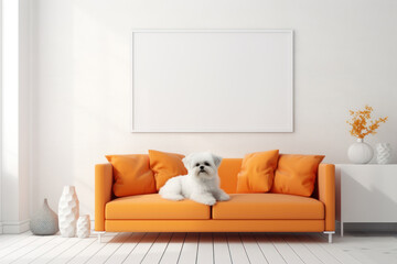 Blank white canvas in living room mockup, little white dog lying on orange sofa. For showcasing art or photography. Template. Copy Space. Modern Scandinavian minimalist design. Purebred dog Shih Tzu.