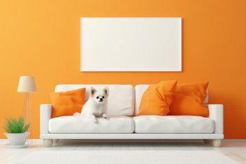 Blank white poster frame mock up in living room, little white dog lying on white sofa. Orange walls. Copy Space. Modern Scandinavian minimalist design. Purebred dog Chihuachua. Template for design.