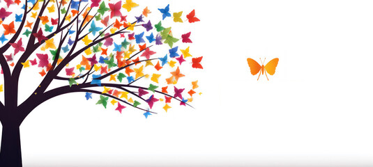 Banner for World Mental Health Day. Mockup. Butterfly tree. Illustration of tree with colorful butterflies instead of leaves. On white background with copy space for text. Template for poster, banner.