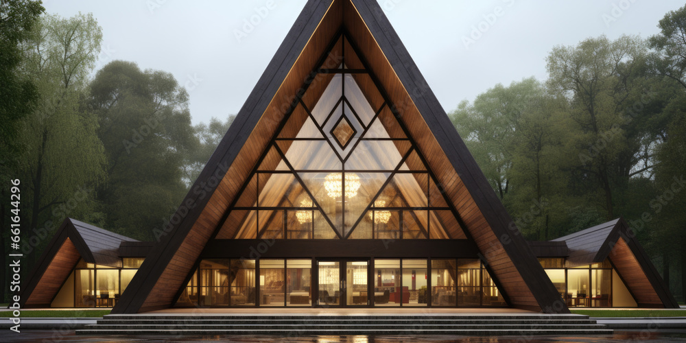 Poster a large triangular building with a pool in front of it. ai.
