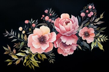 Watercolor flowers on dark background. Generative AI