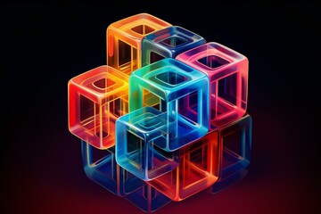 Colorful 3d shapes intertwine in an abstract, transparent isometric illusion. Generative AI