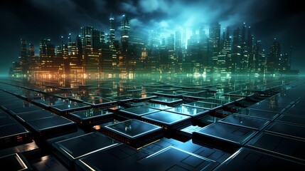 Futuristic City with glowing Circuit Lines, Generative AI