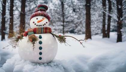 Christmas decoration with a traditional snowman. Cheerful snowman in the snow. Cute snowman in the winter forest. Merry Cristmas. Happy Holidays. Happy New Year. Generative AI