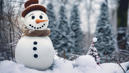 Fototapeta premium Christmas decoration with a traditional snowman. Cheerful snowman in the snow. Cute snowman in the winter forest. Merry Cristmas. Happy Holidays. Happy New Year. Generative AI