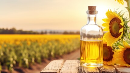 Sunflower oil. Transparent glass bottle with yellow sunflower oil on wooden table, backdrop of sunflower field. Sunny day. With copy space. Organic food. For advertising, posters, banners, labels. - obrazy, fototapety, plakaty
