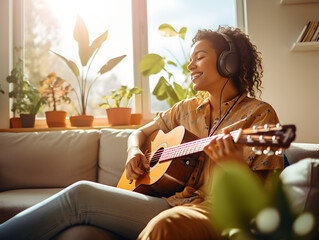 Frau spielt Zuhause entspannt Gitarre, Zuhause musizieren
