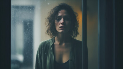 A person standing behind a misted window, expressing concealed emotions, copy space