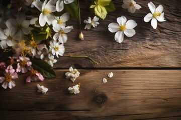 Beautiful flowers on a rustic wooden backdrop, capturing the essence of spring with blossoms on the timber surface. Generative AI