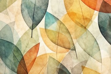 Abstract geometric watercolor illustration of leaves for interior wallpaper, mural, and fresco in grunge style. Generative AI