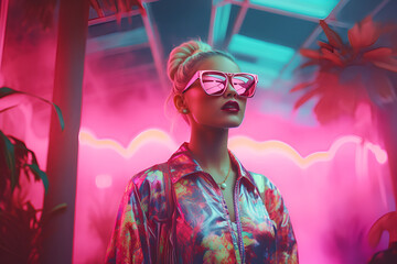 Vaporwave: woman in pink with sunglasses - obrazy, fototapety, plakaty