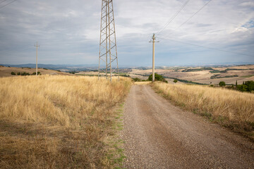 Via Francigena - a gravel road on a summer landscape next to Torrenieri (Montalcino), Province of Siena, Tuscany, Italy