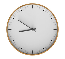 Isolated wall clock. Wooden clock. Nice furniture for interior. Transparent background. Front isometric view.