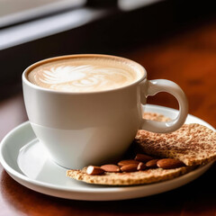  an almond milk latte in a beige mug 
