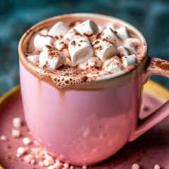 a hot chocolate in a pink mug 
