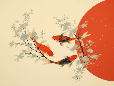 Japanese style illustration of koi fish
