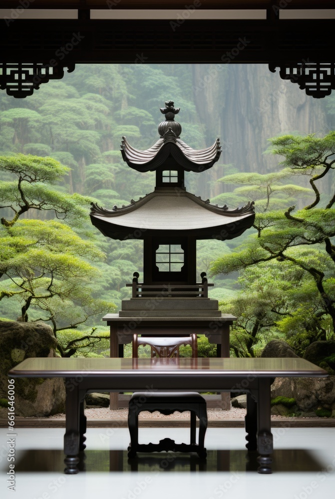 Poster a table with a bench in front of a pagoda. ai.